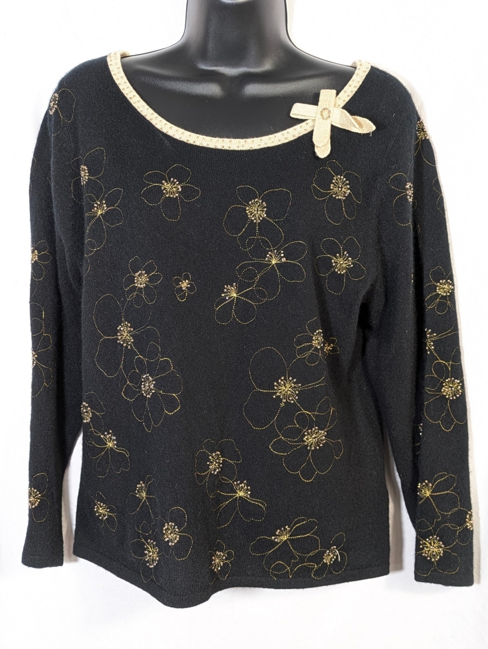 Cashmere Black Gold Embroidered Embellished Sigrid Olsen Sweater Soft‎ Luxury L